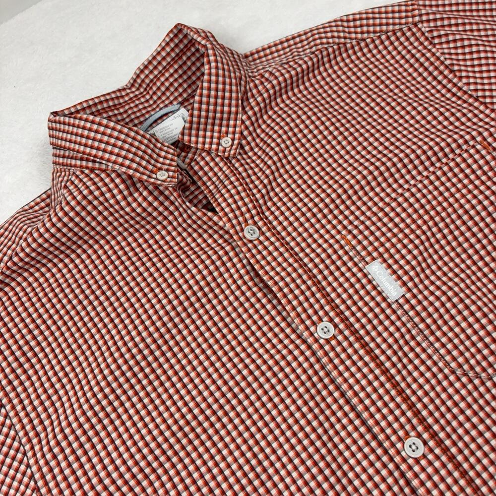 Columbia Button Up Shirt Men L Orange Check Long Sleeve Pocket Cotton Outdoor